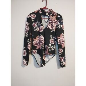 Charlotte Russe Women Floral Long Sleeve Bodysuit Cutout Mock Neck Size Medium
